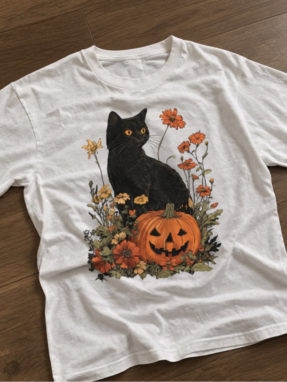 Black Cat & Orange Pumpkin Gildan White Tee Graphic